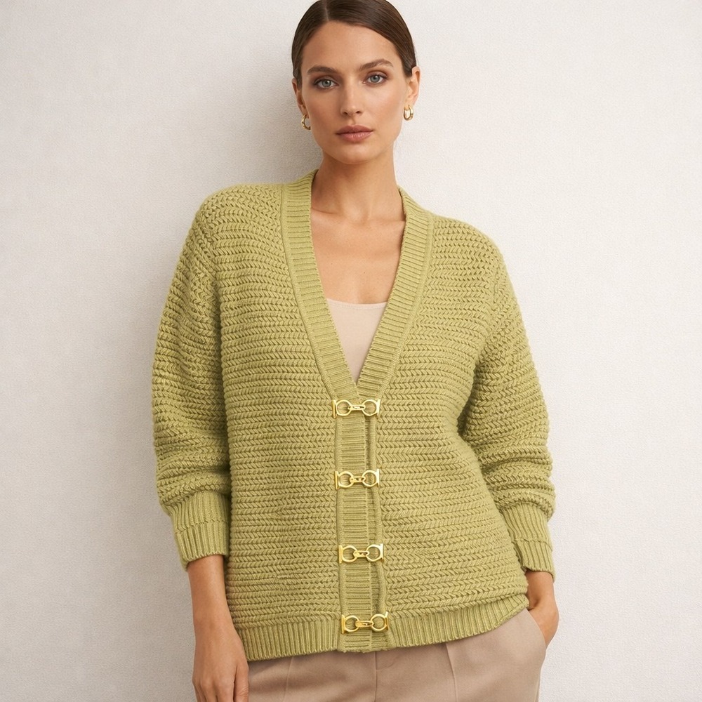 Salvatore‎ Ferragamo Green Wool Knit Cardigan Italy Luxury Women's S Oversized